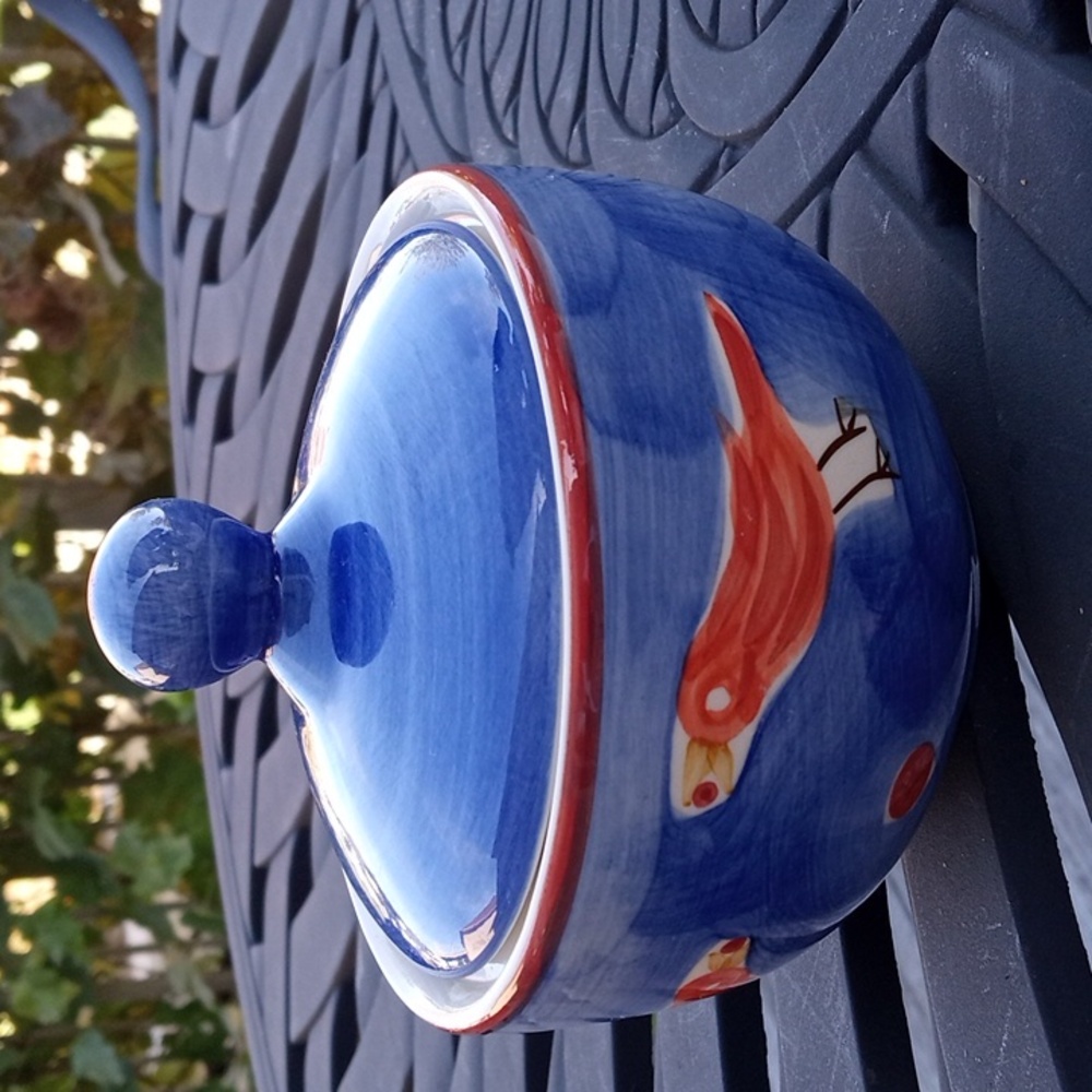 April Cornell Blue Ceramic Bird Bowl with Lid